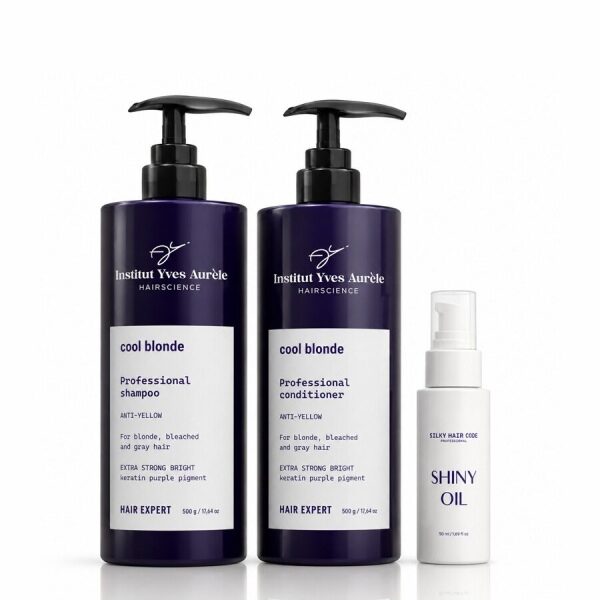 Neutralisierendes Set gegen Gelbstiche (Shampoo 500 ml und Conditioner 500 ml) + regenerierendes Haaröl als Geschenk