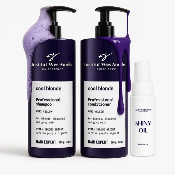 Neutralisierendes Set gegen Gelbstiche (Shampoo 500 ml und Conditioner 500 ml) + regenerierendes Haaröl als Geschenk